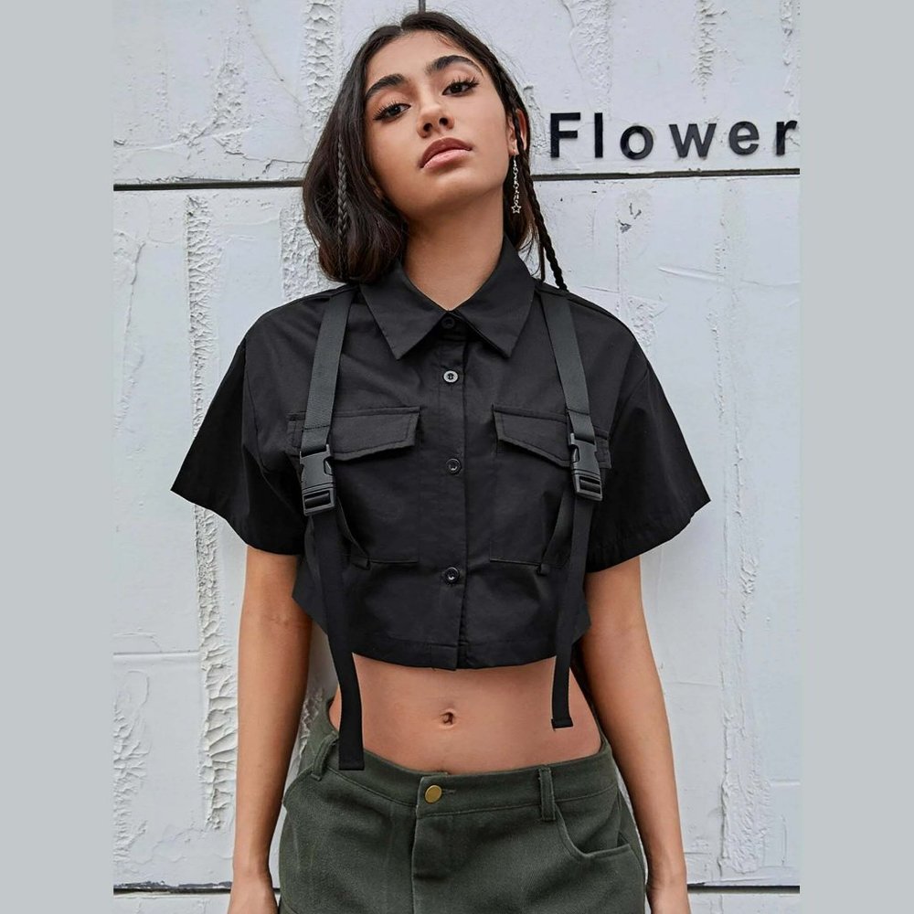 Shein Black Cropped Button Up Short Sleeve Shirt with Buckle Straps Size XS